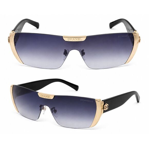 Chanel Shield Sunglasses Black Gold Rimless Y2K Designer Shades AS IS